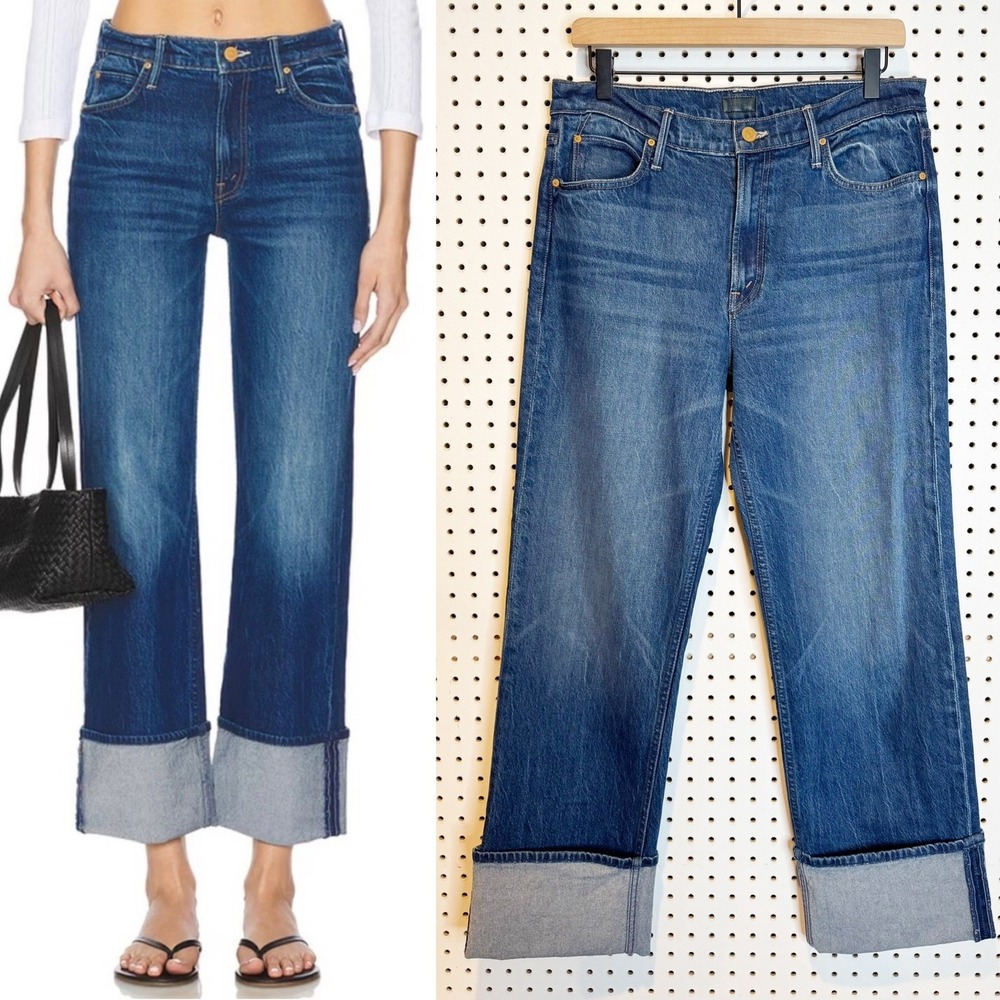 MOTHER Women Jeans Straight Leg Blue Denim Cuffed